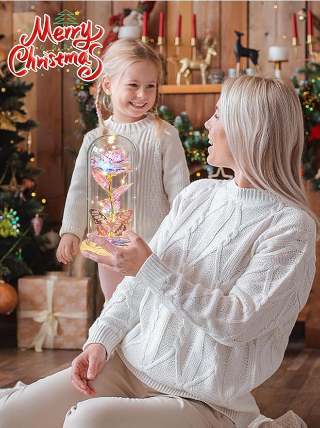 Beferr Christmas Birthday Gifts for Women, Mom Gifts for Christmas Galaxy Glass Rose Forever Preserved Flowers for Delivery Prime Rose in Glass Dome Xmas Gifts for Grandma Wife Sister Her, Rainbow