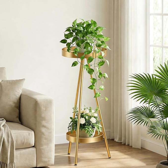 2 Tier Tall Plant Stand Indoor, 31.5" Gold Metal Modern Corner Flower Holder with Round Trays,Heavy Duty for Small Space, Bedroom & Balcony