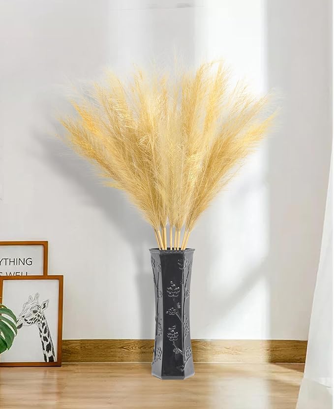 9 Pcs 45" Tall Pampas Grass Gold Decor, Long Stem Artificial Flower Floor Vase Large Faux Floral Pompas Fake Plants Dried Bouquet Arrangement Vase Filler for Boho Home Wedding Decoration