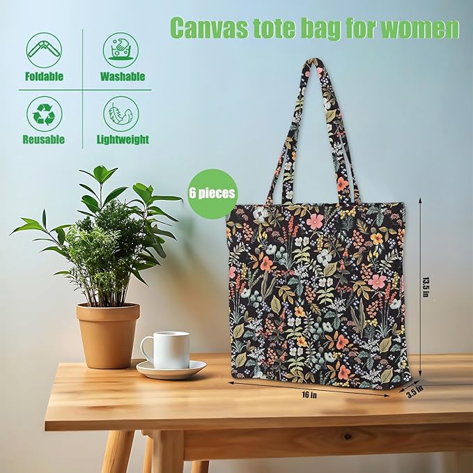 Decohim Multiple Packs Floral Japanese Print Canvas Tote Bag Reusable Grocery Bags Gifts for Women Girls Birthday Christmas