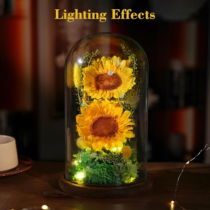 Flowers for Delivery - Forever Flowers Sunflower in Glass Dome with LED Lights, Large Size Preserved Sunflower Gifts for Women, Mom, Wife, Friend -Birthday, Valentine's Day Gift (Sunflower)