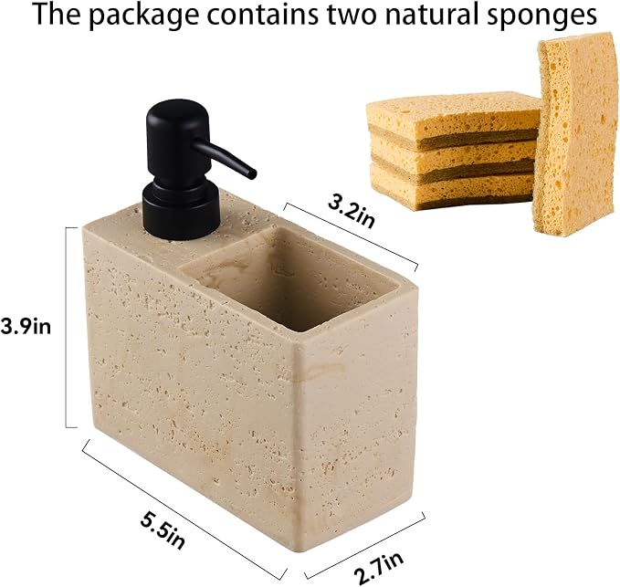 Beige Travertine Soap Dispenser with Sponge & Brush Holder – Hand & Dish Resin Soap Pump Bottle for Kitchen & Bathroom, 2-in-1 Countertop Organizer, with 2 Natural Sponges (Luxury Home Decor)