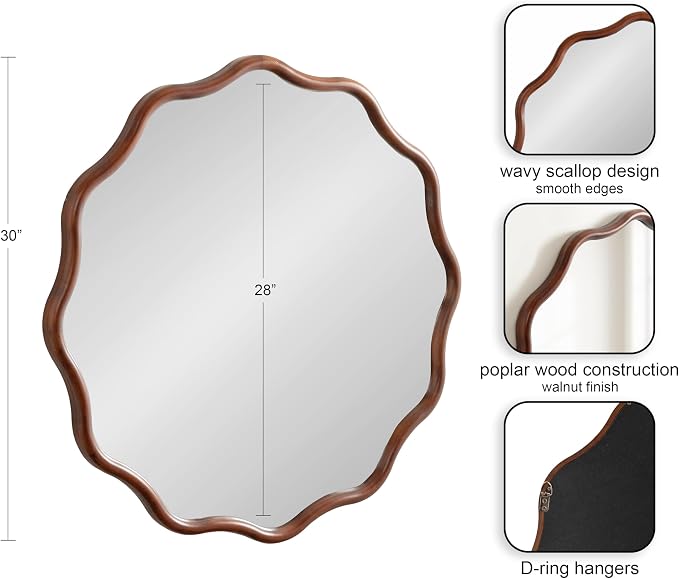 Kate and Laurel Talma Mid-Century Round Scalloped Wall Mirror; 30 Inch Diameter; Walnut Brown; Modern Circle Mirror with Solid Poplar Wood Frame and Rounded Frame Profile