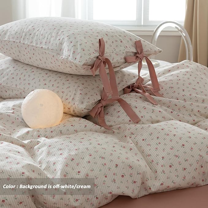 VM VOUGEMARKET Flower Duvet Cover King Vintage Garden Pink Floral Bedding Set for Girls Women 100% Cotton 3 Pieces Stripes Comforter Cover with Zipper Ties,Off-White/Cream