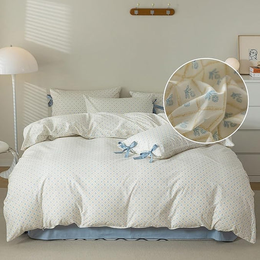 Blue Floral Duvet Cover Twin Soft Cotton Garden Style Floral Bedding Comforter Cover Plaid Grid Design Vintage Blue Flower Duvet Cover with 2 Bowknot Pillowcases Botanical Cottagecore Bedding Set