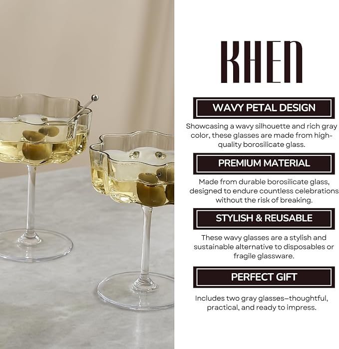Khen Flower Vintage Wavy Glass Coupes Martini, Champagne & Cocktail Coupes - Set of 2-7oz Colorful Cocktail Glasses & Champagne, Prosecco, Mimosa Glassware Copyright Design - Gray