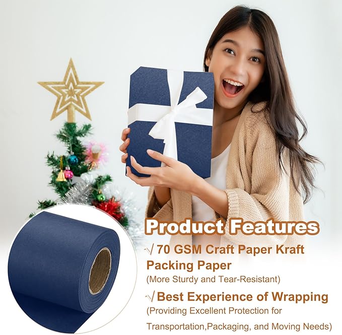 PATIKIL Wrapping Paper, 15" x 500"(42') 70 GSM Craft Paper Roll Kraft Packing Paper for Poster Bulletin Board, Gift Wrapping, Navy Blue