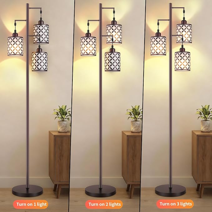 Dimmable Floor Lamp, Farmhouse Standing Lamp with Elegant Metal Cage, Industrial Tall Tree Floor Lamps for Living Room, Bedroom, Study Room, Office, 3 x 1100LM LED Bulbs Included, 72",Brown