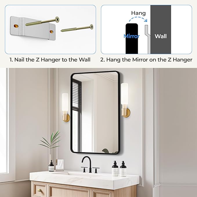 USHOWER Bathroom Mirrors for Over Sink, Metal Frame Rectangle Mirror, Modern Farmhouse Vanity Mirror, Wall Mounted for Bedroom, Living Room, Entryway Remodel & Upgrade, Matte Black, 24 x 36 Inch