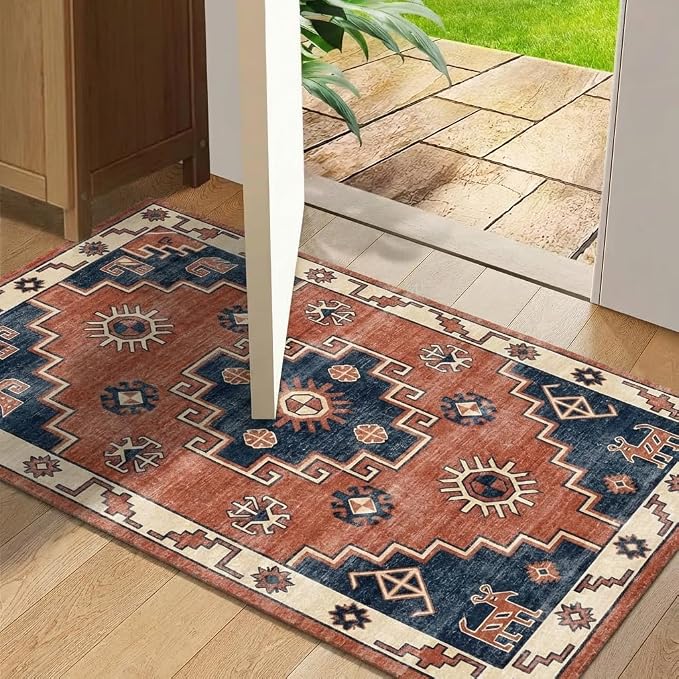 5x7 Area Rug Vintage Tribal Persian Rug with Non Slip Backing, Washable Low Pile Terracotta Red Navy Blue Carpet for Bedroom, Living Room, Dining Room, Home Office, Farmhouse