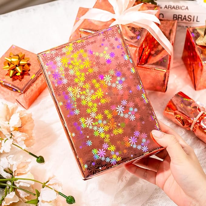 Yarcony Rose Gold Wrapping Paper Roll, Holographic Floral Gift Wrapping Paper - 17 Inch x 33 Feet - Shiny Iridescent Flower Design Thick Gift Wrap for Girl Birthday, Wedding, Mother's Day, Christmas