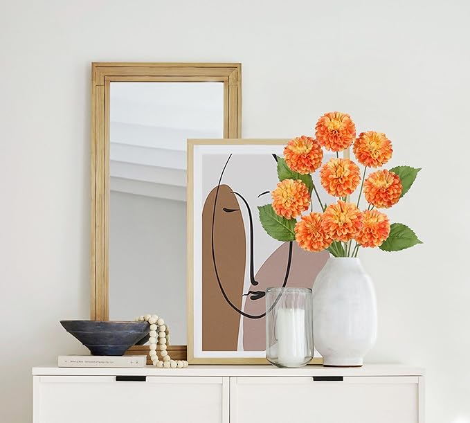 Hollyone 27.6" Orange Artificial Dahlia Flowers 3Pcs Fake Roses Bouquet Ball Dahlia Flower Arrangement Faux Pincushion Flower with 3 Heads Long Stem for Centerpiece Home Decor