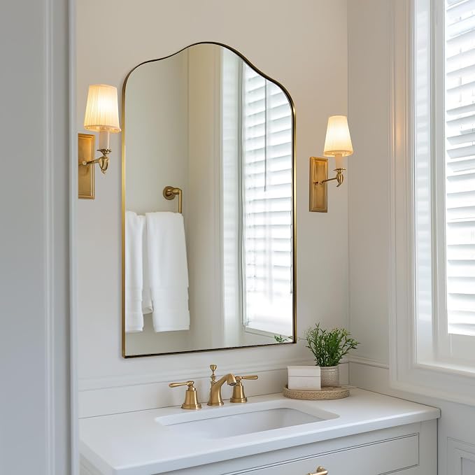 ANDY STAR Brass Scalloped Arched Wall Mirror, 30x36 Brushed Gold Irregular Bathroom Mirror with Curved Design for Vanity, Powder Room, Fireplace, Mantel, with Stainless Steel Metal Frame