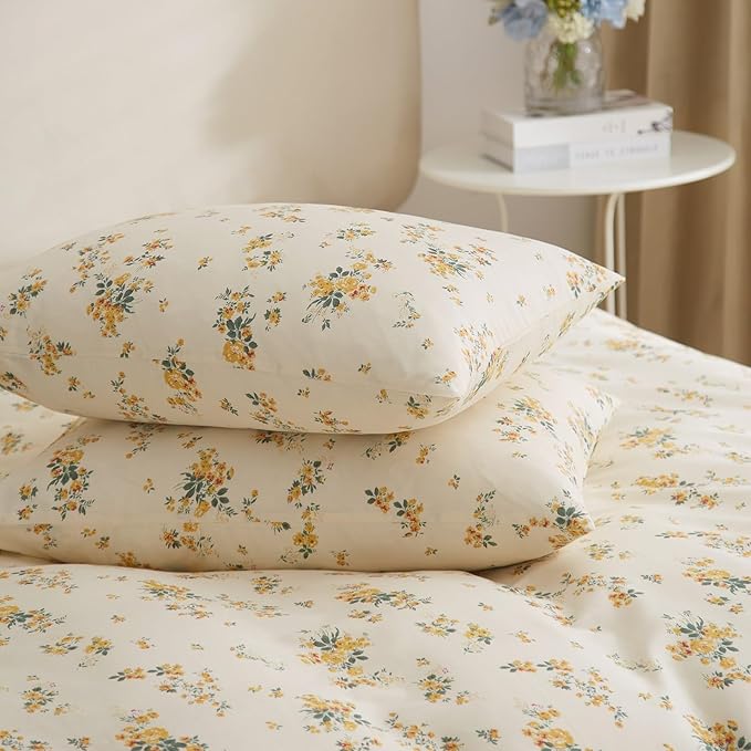 Yellow Floral Comforter Set Full Size Garden Style Flower Botanical Comforter Set Fluffy Soft Vintage Floral Bedding Set Full Chic Cottagecore Flowers Comforter with 2 Pillowcases for All Seasons