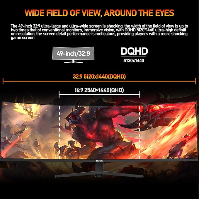 Gawfolk 49 inch Ultra-Wide Curved 1500R Gaming Computer Monitor, DQHD(5120×1440), 240Hz, 1MS, FreeSync, 120% sRGB, Height Adjustable PC Screen, HDMI2.1 & DP1.4, Compatible Wall Mount 75 * 75mm-Black