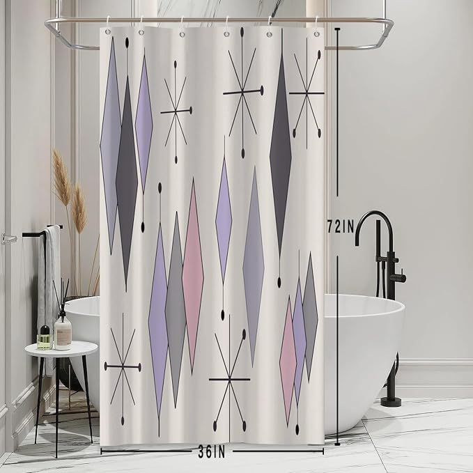 Boho Mid Century Shower Curtain Abstract Purple Grey Pink Diamond Geometric Atomic Starburst Pattern Beige for 1950s Retro Bathroom Decor Shower Curtain Set with 12 Hooks, 36x72 Inches