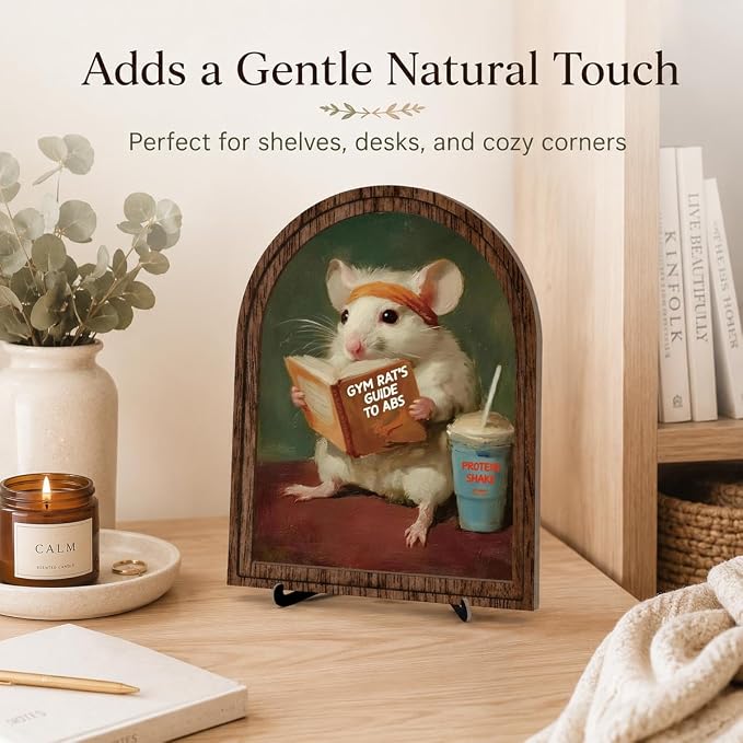 Wooden Tabletop Sign Funny Mouse Decor for Bookshelf Desk Shelf, Vintage Reading Animal Art, Arched Wooden Sign with Stand Decoration, Rustic Home Gym Office Decor