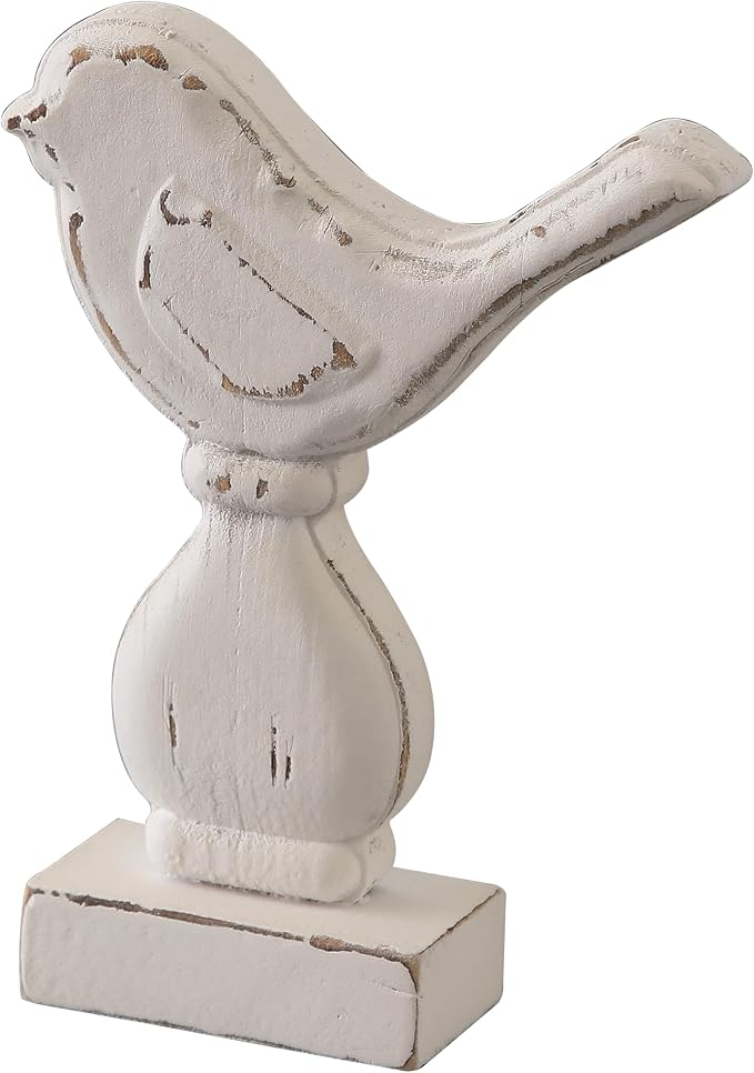 Farmhouse Small Bird Figurines Home Decor for Shelf 6 X 8 Inch, Handmade Distressed White Wooden Decorative Birds Statue Table Decorations for Foyer Dining Room Living Room Bedroom