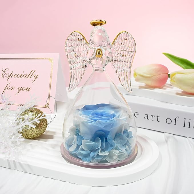 Sunia Preserved Flower Rose Gift for Women - Mother's Day Birthday Gifts for Mom Wife Grandma, Glass Angel Figurines Forever Real Roses Gifts for Her Valentine Day Thanksgiving﻿ (White Blue)