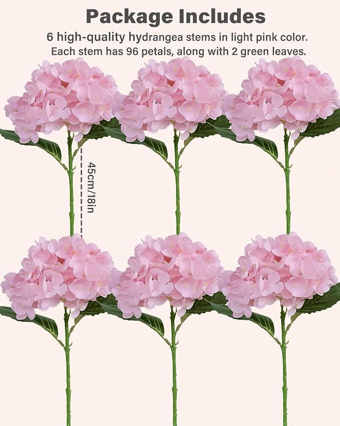 6PCS Premium Pink Hydrangea Artificial Flowers Bouquets, Light Pink Silk Hydrangea Flowers Heads with Stems, Fake Hydrangeas Flowers Arrangement, Faux Hydrangea Decor for Home Wedding Party