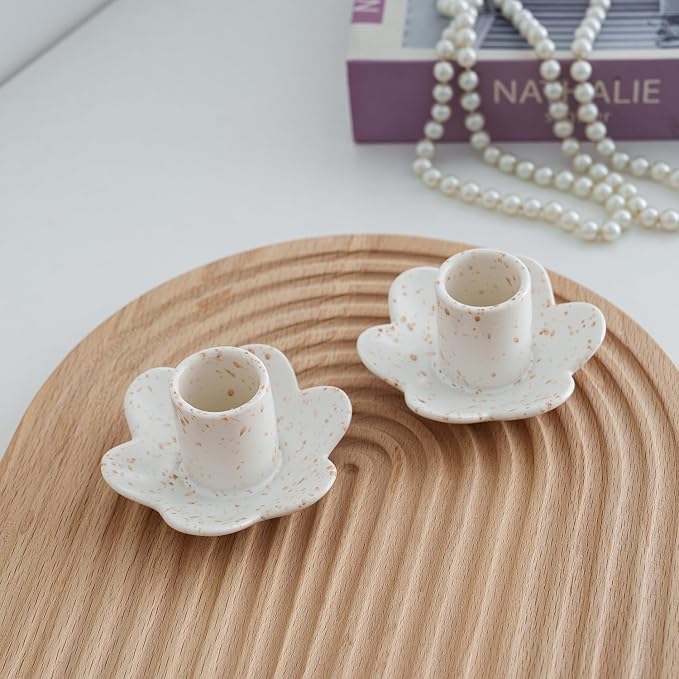 Ceramic Taper Candle Holders for Table Centerpiece, Decorative Candlestick Holders for Home Wedding Party, Housewarming Gifts, Pack of 2, Flower Shape, White