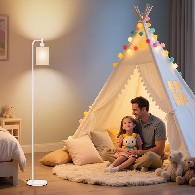 SIBRILLE Floor Lamp with Linen Shade, Dimmable Tall Standing Lamp with Remote Control & 3 Color Temperatures, Modern Floor Lamps for Living Room Bedroom Office Corner, 9W LED Bulb Included