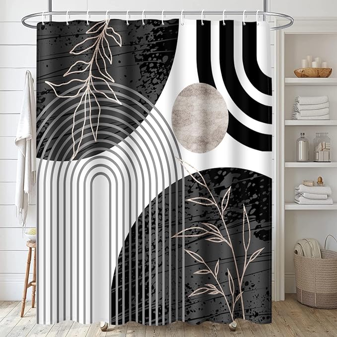Emvency Shower Curtain Boho Palm Leaves Bohemian Mid Century Botanical Sun Modern Aesthetic Arch Curve Black Bathroom Home Decor Waterproof Polyester Fabric 72 x 72 inches Set with Hooks