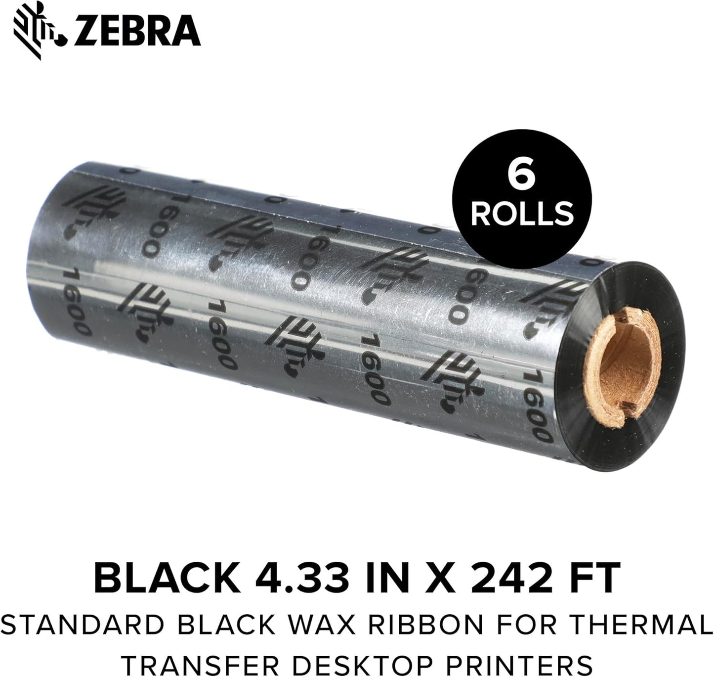 Zebra Black Wax Ribbon - Thermal Transfer Printer Compatible - 4.33" Width, 242 ft Length, 0.5" Core | Pack of 6 Rolls