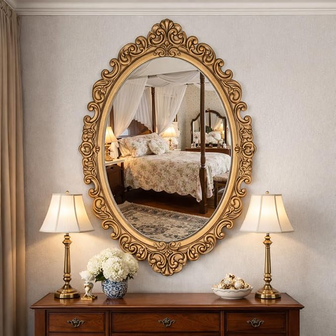 Vercraft 24" x 36" Vintage Gold Mirror for Wall, Antique Gold Oval Baroque Mirror with Imitation Resin Frame, Ornate Wall Decor for Entryway, Fireplace, Living Room, Hallway