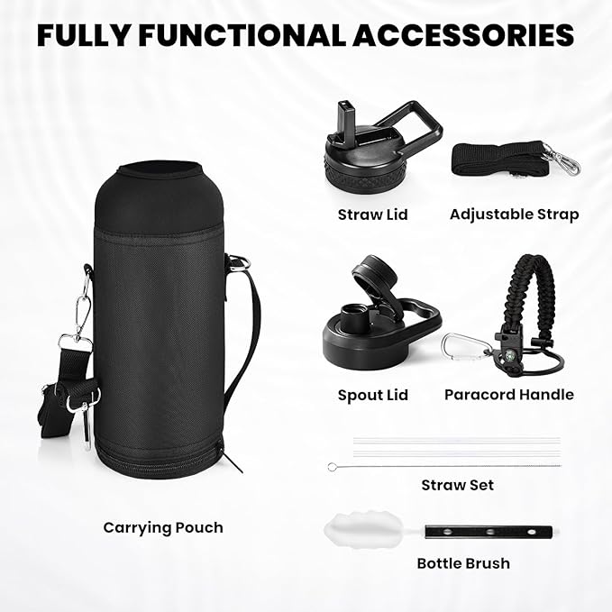 Insulated Water Bottle 40 oz, Triple Wall Vacuum Stainless Steel (Cold for 48 Hrs), Leak Proof & Non-BPA, Modern Water Flask Jug with Paracord Handle & Straw Spout Lids, Magic Black