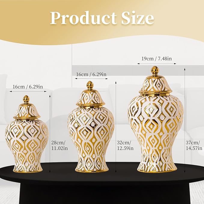White and Gold Vase with Lid, Ginger Jars for Home Decor, Ceramic Flower Vase for Home, Kitchen, Bookshelf Decor, Storage jar, Table Center Vase, Centerpieces Jarrones(12.59in)