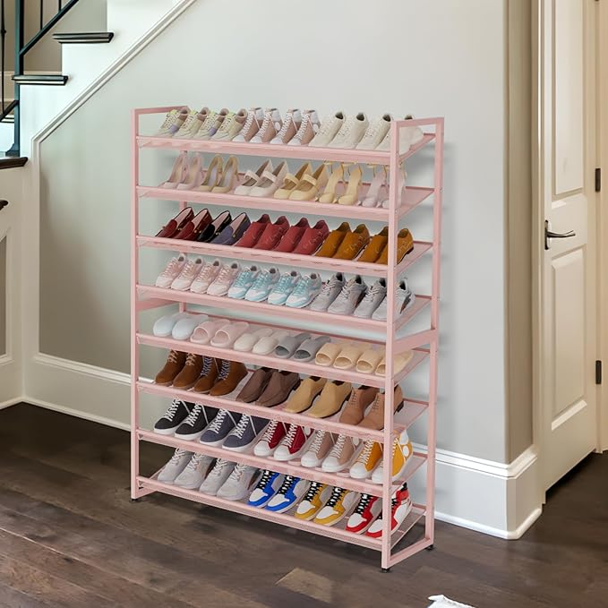 NEYCIL Large Shoe Rack 8 Tier Shoe Organizer, Heavy Duty Metal 4-Tier Stackable Shoe Storage Vertical Shoe Rack for Closet Front Door Entrance, Up to 50 Pairs, 44.8" W x 11.4" D x 56.7" H, Pink