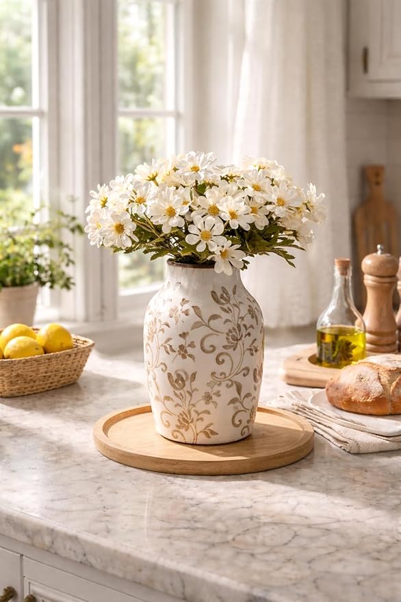 SIDUCAL Ceramic Vintage Vase, 7 Inch Retro Ice Cracked Chinoiserie Floral Vase, Rustic Farmhouse Vases for Home Decor, Bookshelf, Office, Garden, Chinoiserie Decor, Tuscan Decor, Brown Floral Pattern