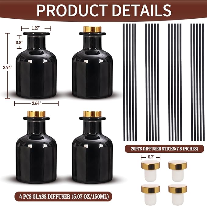 4 Pack Perfume Reed Diffuser Bottle,Empty Big Belly Aromatherapy Essential Oil Bottles Glass Jar with Black Sticks for DIY Fragrance Replacement Diffuser Sets (150ml/ 5 oz, Black Color)