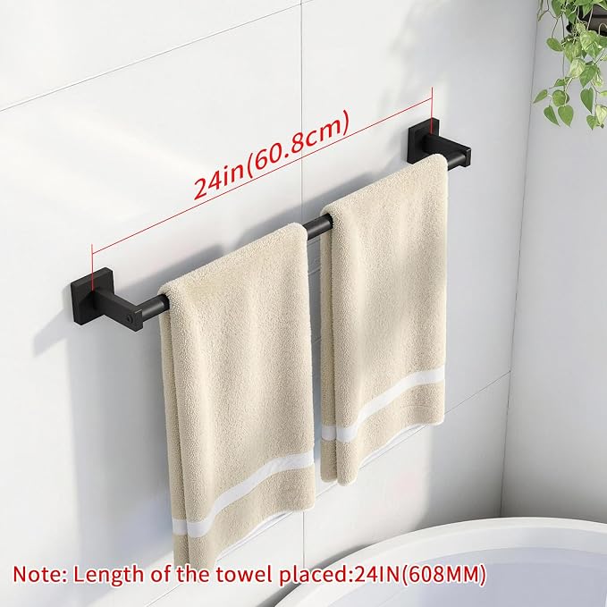 MKO Towel Bar for Bathroom, 24" Hand Towel Holder Rod with Metal, Black Towel Racks for Bathroom Hanger Wall Mounted for Home Essentials, 2 Pack