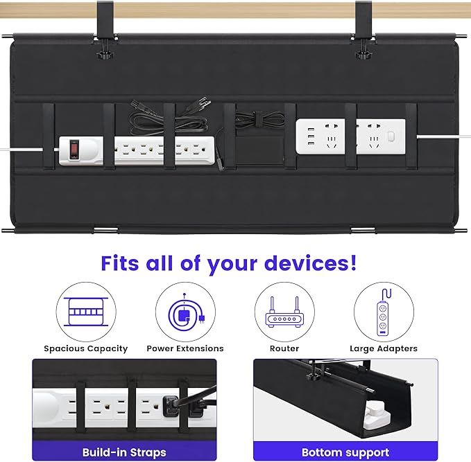 Under Desk Cable Management Tray, Clamp-On Cord Organizer，No Drilling Required, Holds Up to 22 lbs, for Cords, Routers, Power Strips (Black, 28.4inch)