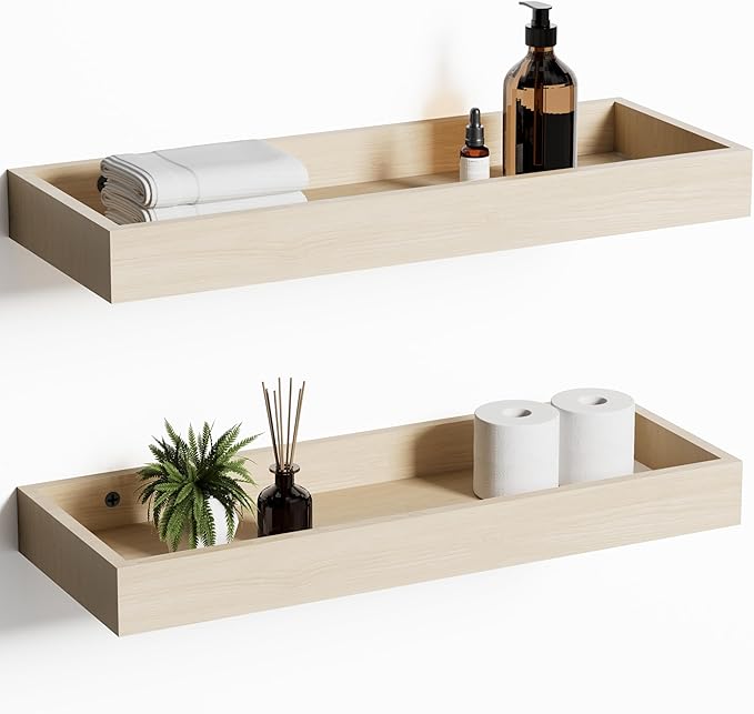 Oak Floating Shelves with Raised Lip, Wooden Wall Shelves for Bedroom Living Room Kitchen, Modern Bathroom Shelves for Wall, Decor Floating Shelves for Storage Display (Set of 2, 15.7 Inch)