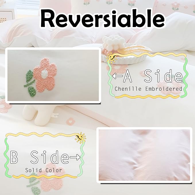 MorroMorn Twin Duvet Cover Cotton, 3D Embroidery Twin Bedding Sets, Cute Chenille Embroidered Comforter Covers Summer Blanket Soft Dry Sweat-Absorb for Girls Kids Teen (Flowers White, Twin/Twin XL)