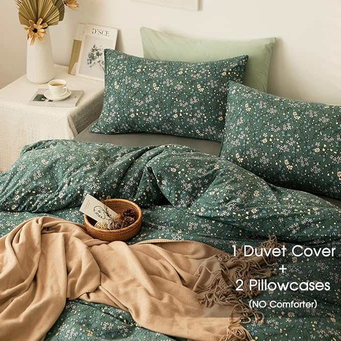 EAVD Vintage Green Floral Duvet Cover Full Size 100% Jersey Cotton Cottagecore Floral Bedding Set with 2 Pillowcases Chic Shabby Reversible Botanical Duvet Cover with Zipper Closure