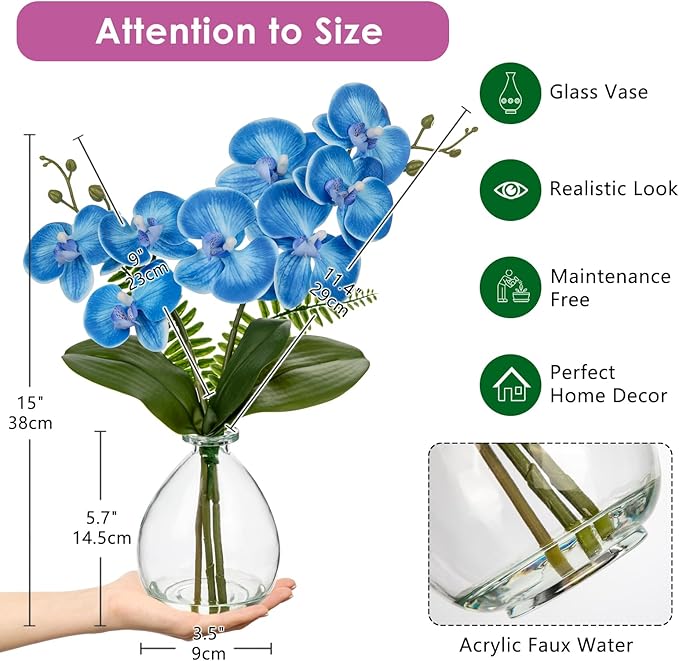 Oairse Blue Orchids Artificial Flowers, Faux Orchid in Glass Vase Real Touch Small Phalaenopsis Orchid Flowers Arrangements with Clear Vase Orchids Centerpiece for Dining Room Table