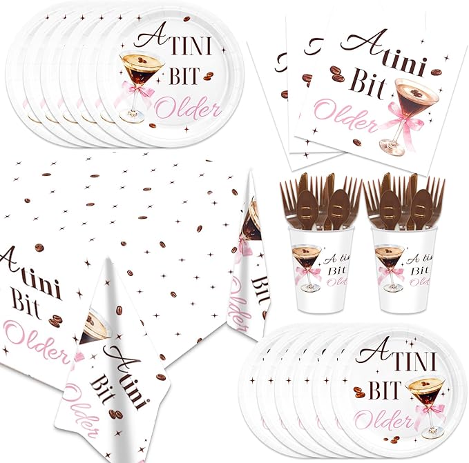 141pcs Espresso Martini Birthday Party Decorations A Tiny Bit Older Supplies Espresso Martini Plates Napkins Forks Knives Straws Tablecloth Cups for Women Martini Bachelorette Bridal Shower Supplies