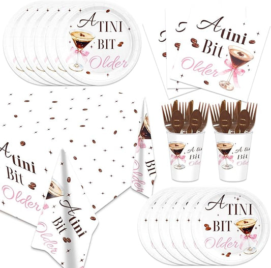 141pcs Espresso Martini Birthday Party Decorations A Tiny Bit Older Supplies Espresso Martini Plates Napkins Forks Knives Straws Tablecloth Cups for Women Martini Bachelorette Bridal Shower Supplies