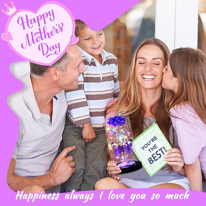 Purple Butterfly Rose Flower Birthday Gifts - Women Gifts for Her Mothers Day Valentines Anniversary Christmas Thanksgiving - Light Up Rose Flower Gifts for Mom Wife Grandma Girlfriend Daughter Sister