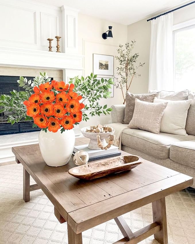 Hollyone 10 Heads Orange Poppy Flowers Artificial 2Pcs Fake Poppies Flowers Bouquets with 7 Heads Full Bloom Poppy & 3 Buds Bouquet Stems Spring Sumer Faux Floral Flower Arrangement for DIY Home Decor