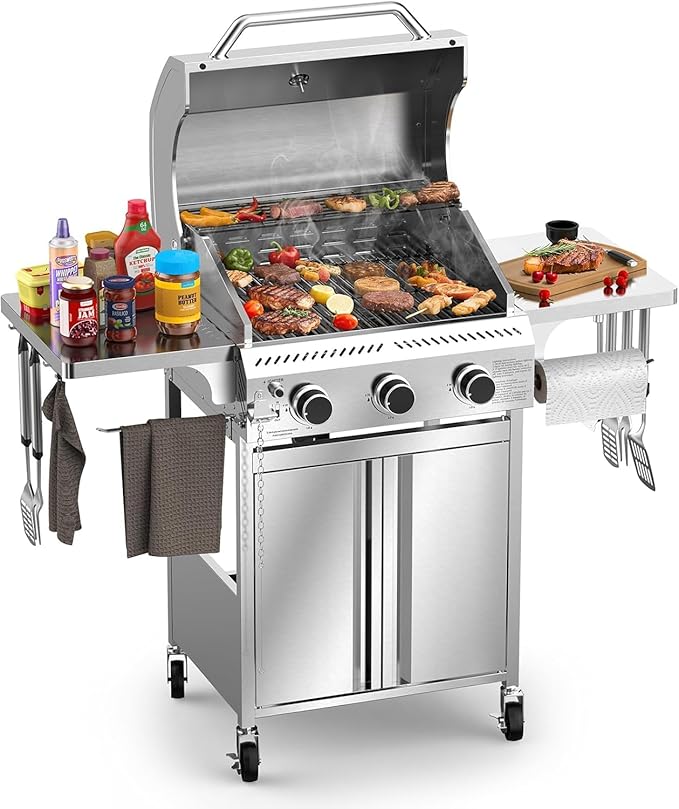 Electactic Propane Gas Grill, 3-Burner 24,000 BTU Stainless Steel BBQ Grill with Foldable Shelf for Outdoor Barbecue and Cooking