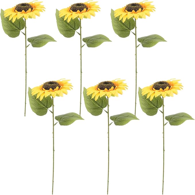 LOGOFUN 6PCS Realistic Sunflowers Artificial Flowers with Stems for Home Garden Decor Wedding Festival Party Arrangement