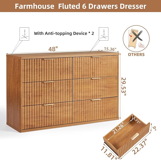 LEYAOYAO Fluted 6 Drawers Dresser Set of 2, 48" Wide Modern Chest of Drawers with Woodgrain Top, Curved Profile Design, Dresser TV Stand, Wood Drawer Organizer for Bedroom, Living Room, Hallway,Brown