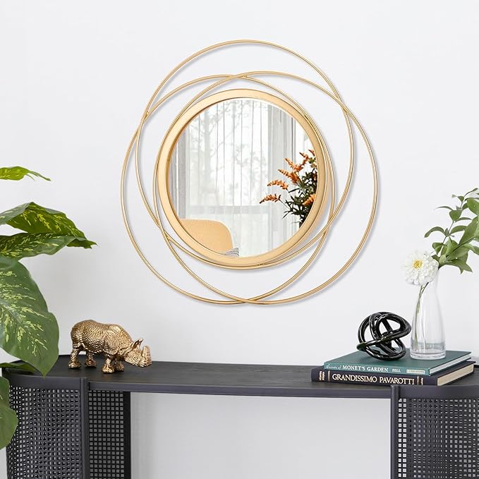 Gold Art Large Round Mirror with Iron Metal Wire Frame Wall-Mounted Mirror for Home Decor Living Room Bedroom Bathroom Entryway 16"