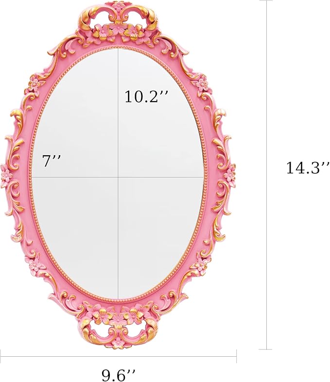Tstarer 2PACK - Vintage Decorative Pink Framed Mirror, Wall Hanging Mirrors & Tabletop Tray for Bedroom Living Room Dresser Decor, Oval- 9.6" W x 14.3" L (PINK-2PACK)