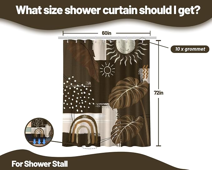 Dark Brown Mid Century Modern Shower Curtain Boho Abstract Khaki Earth Tone Shower Curtains for Bathroom Decor Sets, Waterproof Cloth Fabric with Hooks, 60 x 72 Inch